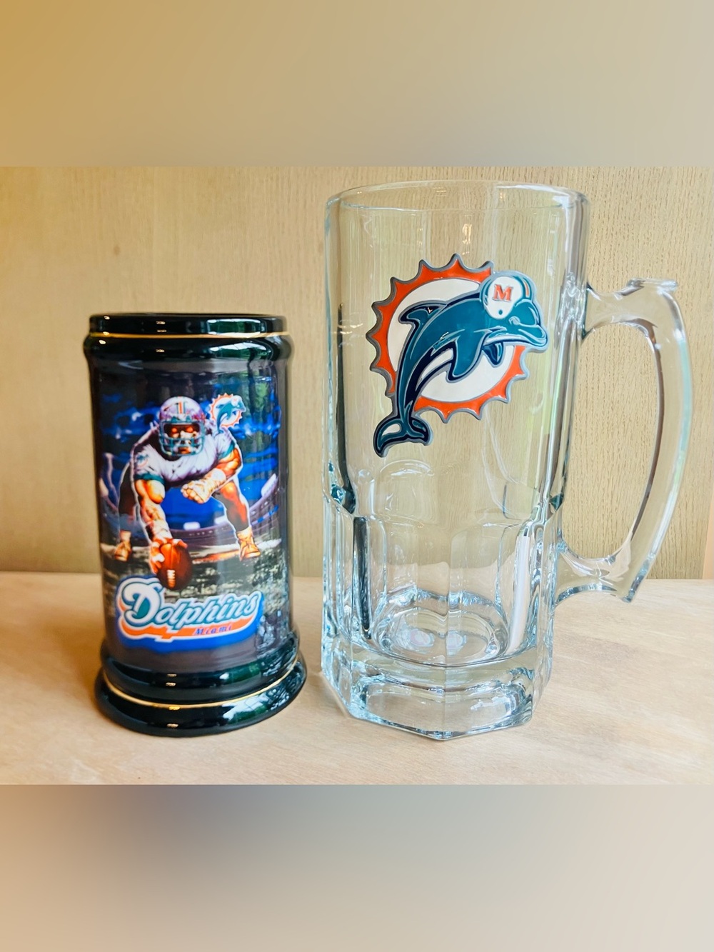 Vintage 1990s Miami Dolphins Logo Large Drinking Glasses Excellent Condition